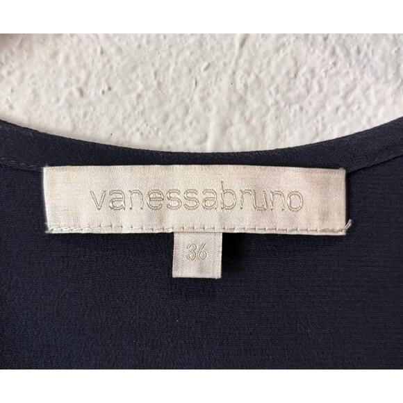 Vanessa Bruno Navy Blue Sleeveless Silk V Neck Dress Pockets Eyelet Trim Size 36 - Picture 5 of 8